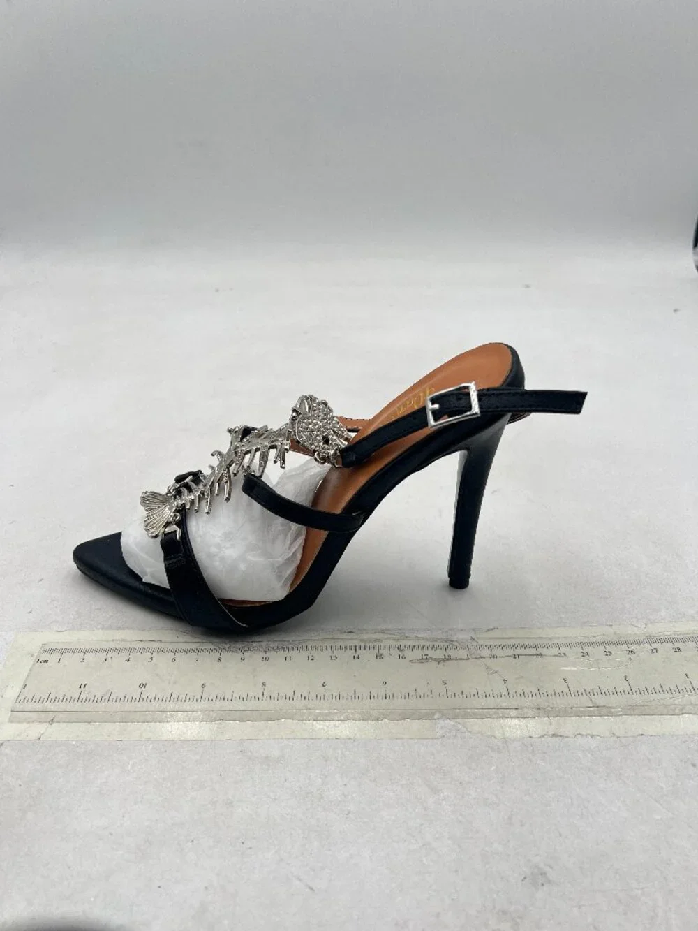 Wansseny Black Open Toe Fishbone Rhinestone Ankle Strap Stiletto Heels Sandals